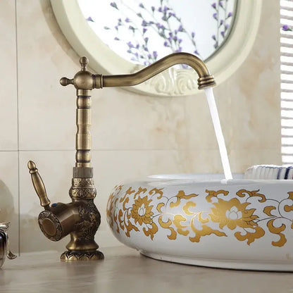 Antique bronze basin faucet with ornate detailing for bathroom