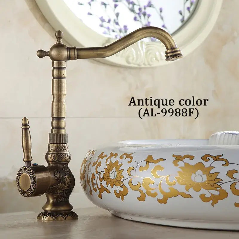 Antique bronze basin faucet with ornate detailing for bathroom