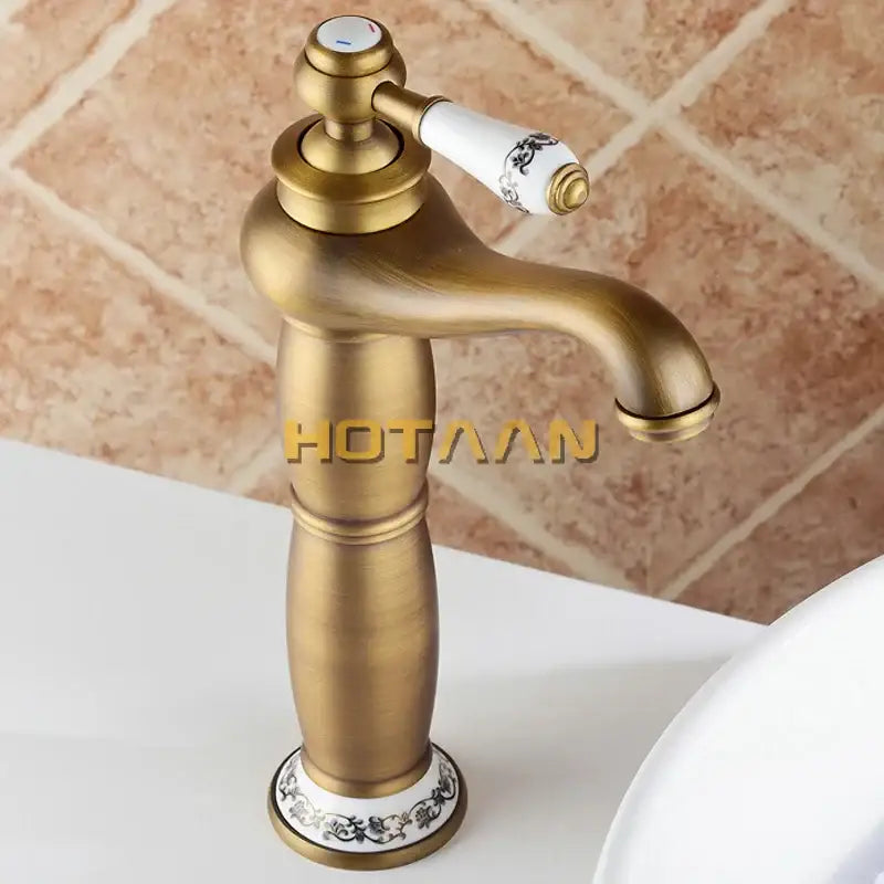 Antique bronze brass basin faucet with floral ceramic bathroom mixer