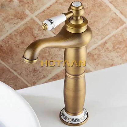 Antique bronze brass basin faucet with floral ceramic bathroom mixer