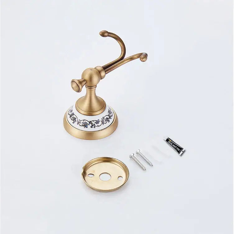 Antique bronze ceramic robe hook – bathroom blue floral double hook