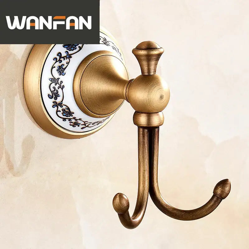 Antique bronze ceramic robe hook – bathroom blue floral double hook