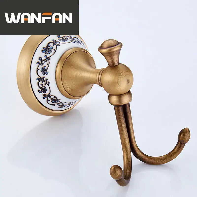 Antique bronze ceramic robe hook – bathroom blue floral double hook