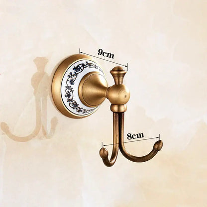 Antique bronze ceramic robe hook – bathroom blue floral double hook