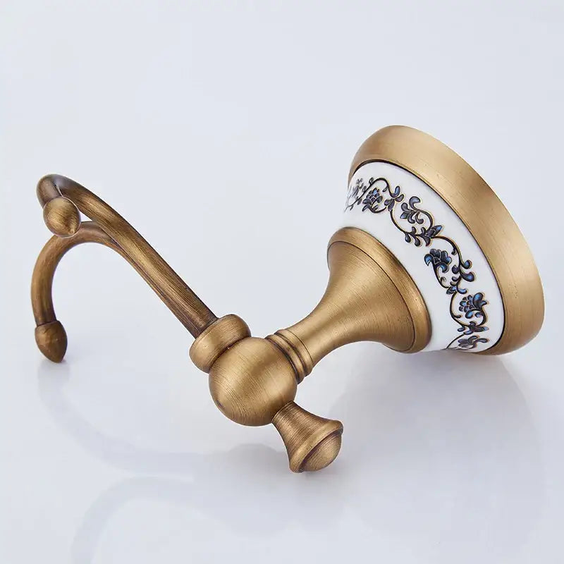 Antique bronze ceramic robe hook – bathroom blue floral double hook