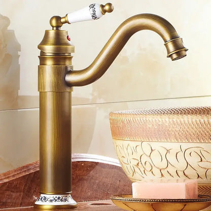 Antique bronze finish floral ceramic handle bathroom sink faucet