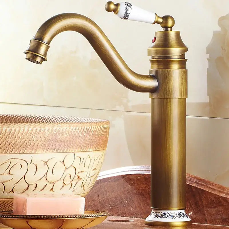 Antique bronze finish floral ceramic handle bathroom sink faucet