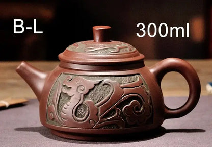 Antique bronze teapot set with dragon motifs for dining room