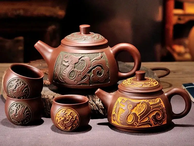 Antique bronze teapot set with dragon motifs for dining room