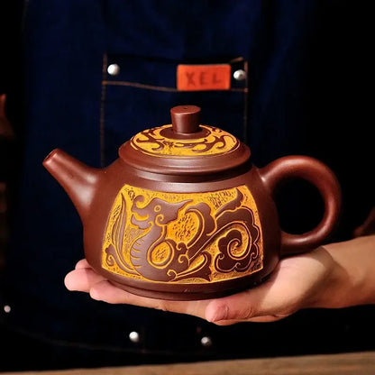 Antique bronze teapot set with dragon motifs for dining room