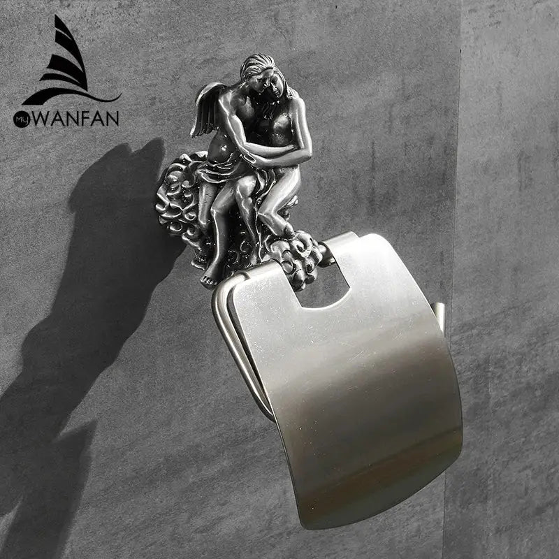 Ornate silver angel wall mounted toilet paper holder bathroom decor