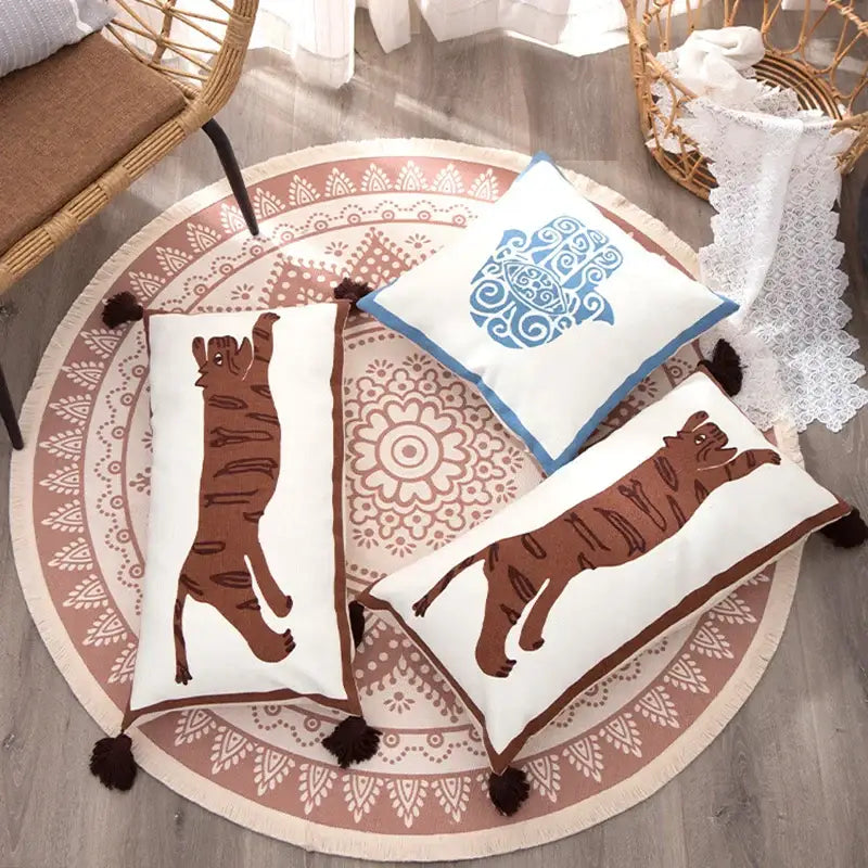 Antique brown tiger print pillow cover white bedroom decor with tassels