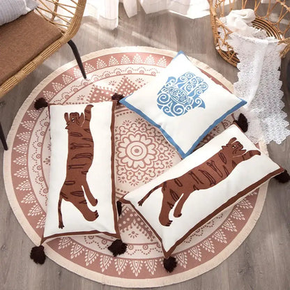 Antique brown tiger print pillow cover white bedroom decor with tassels