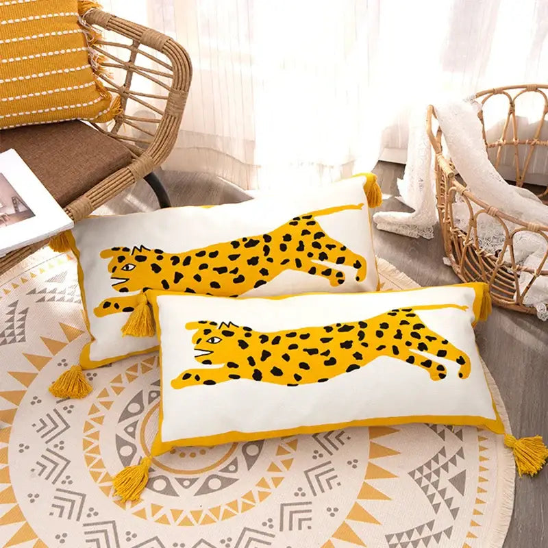 Antique brown tiger print pillow cover white bedroom decor with tassels