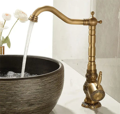 Antique carved brass bathroom sink faucet hot and cold mixer tap