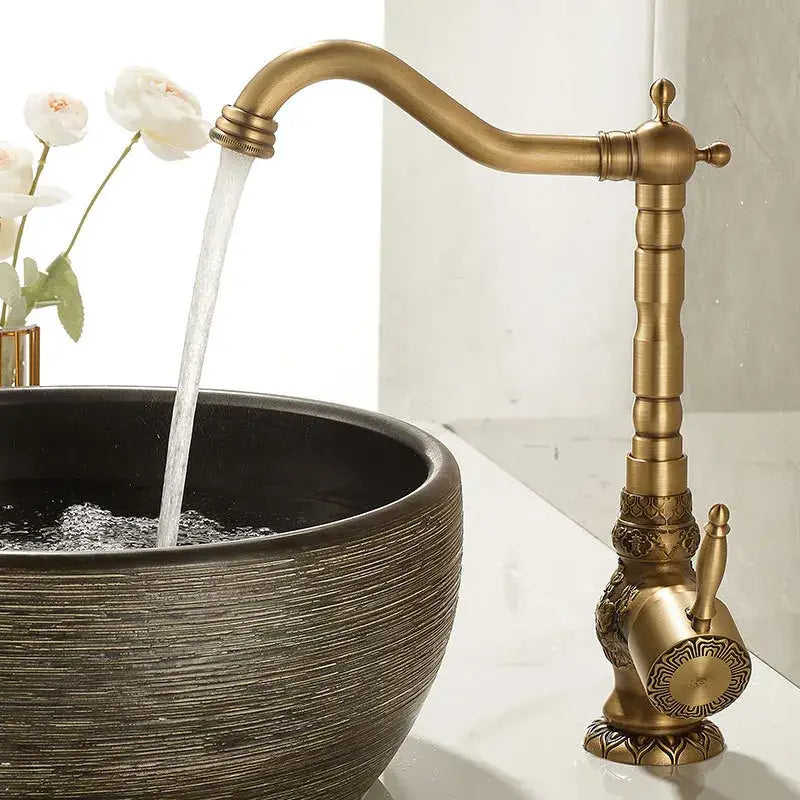 Antique carved brass bathroom sink faucet hot and cold mixer tap