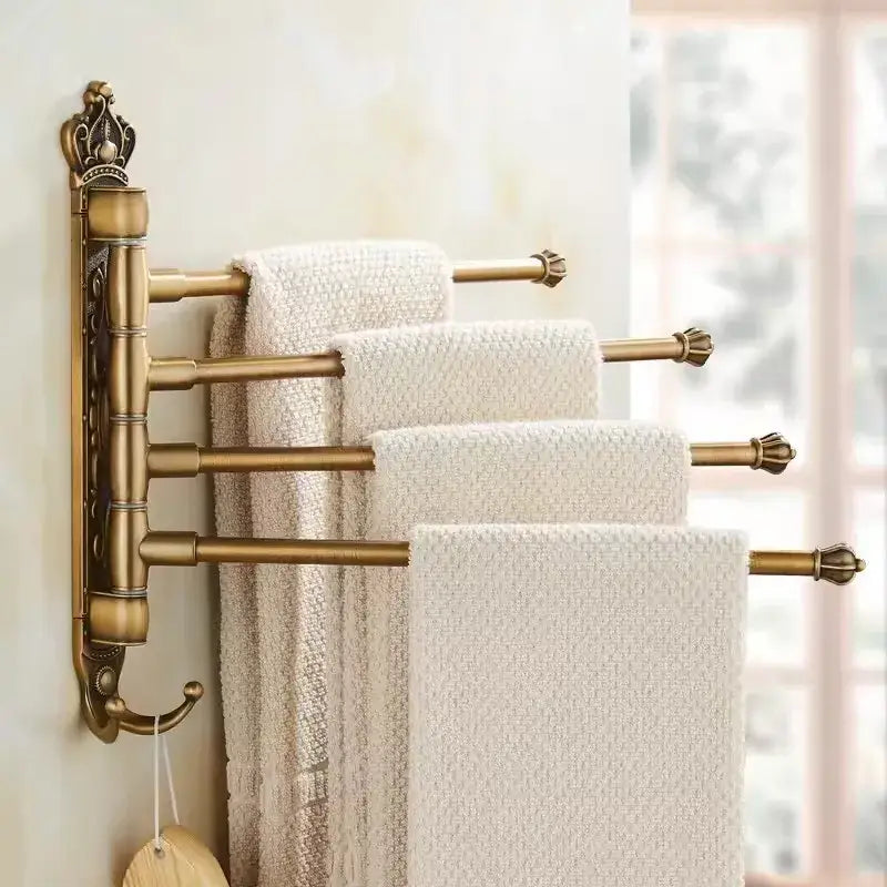 Antique carved swivel towel hanger bathroom brass folding rack