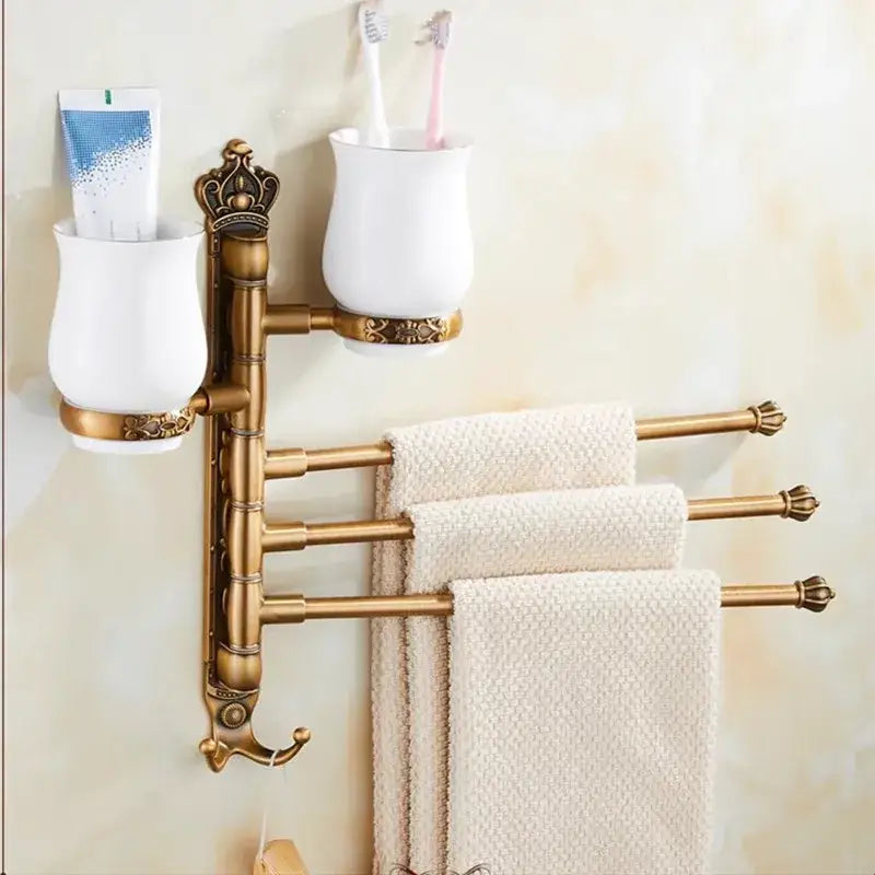 Antique carved swivel towel hanger bathroom brass folding rack