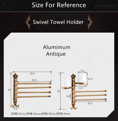 Antique carved swivel towel hanger bathroom brass folding rack
