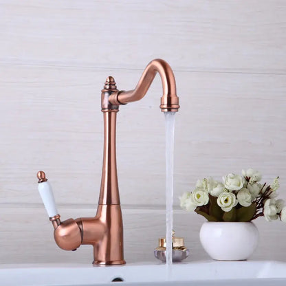Antique copper and white kitchen basin mixer tap with ceramic handle