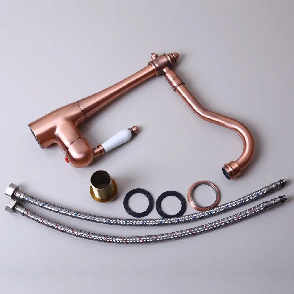 Antique copper and white kitchen basin mixer tap with ceramic handle