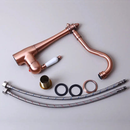 Antique copper and white kitchen basin mixer tap with ceramic handle