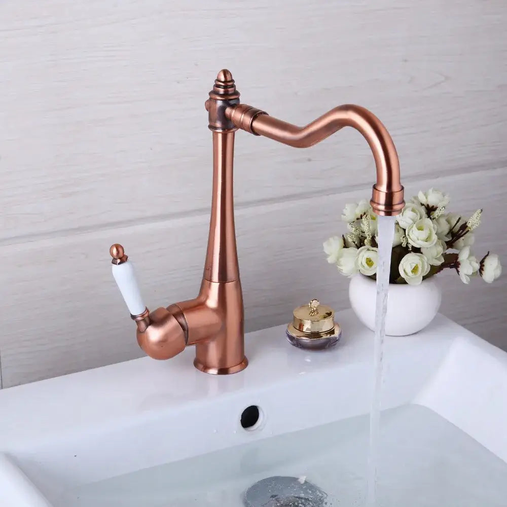 Antique copper and white kitchen basin mixer tap with ceramic handle