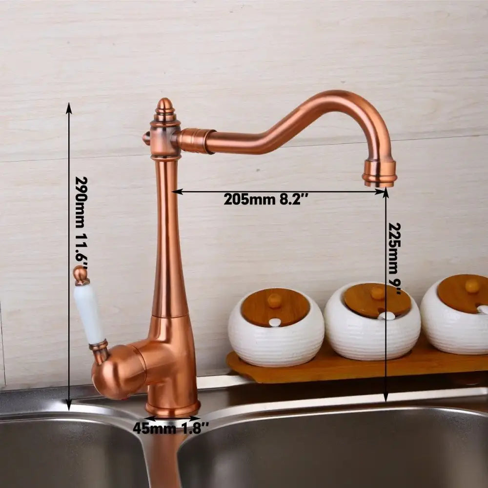 Antique copper and white kitchen basin mixer tap with ceramic handle