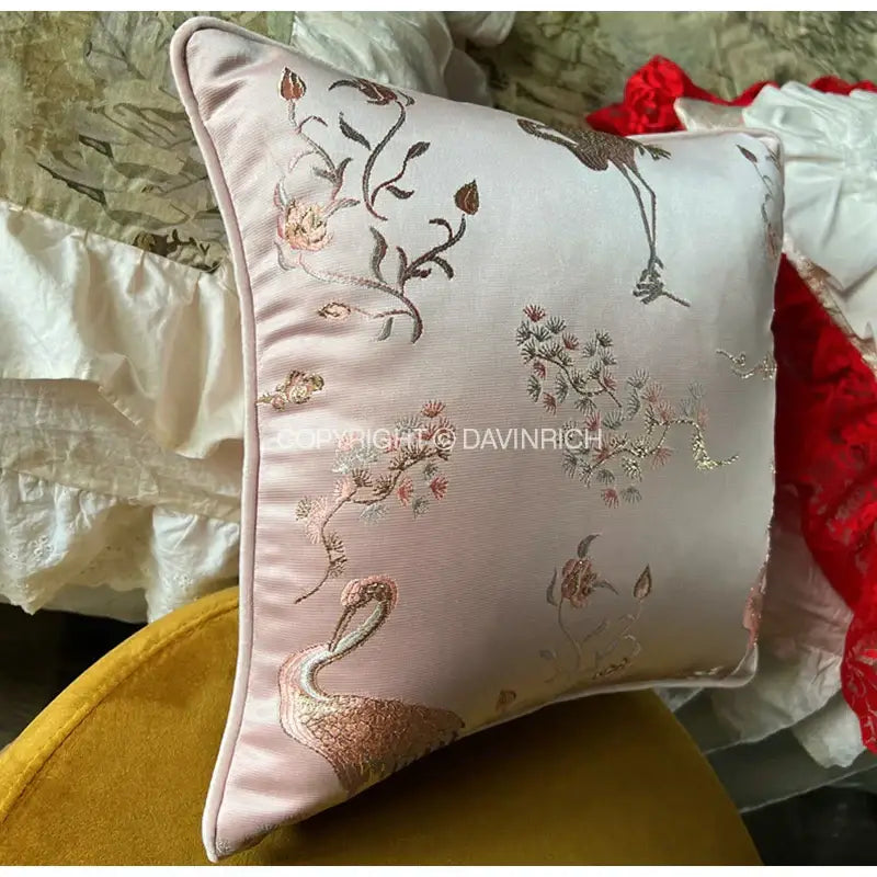 Antique crane floral jacquard pink satin pillow case bedroom decor