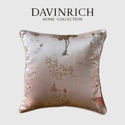 Antique crane floral jacquard pink satin pillow case bedroom decor