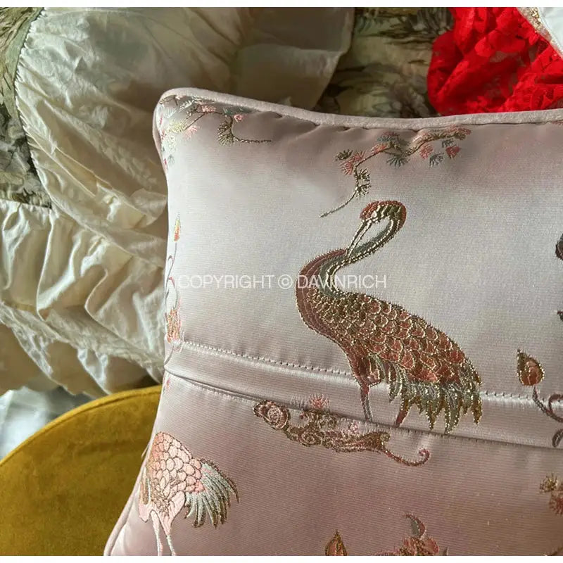 Antique crane floral jacquard pink satin pillow case bedroom decor
