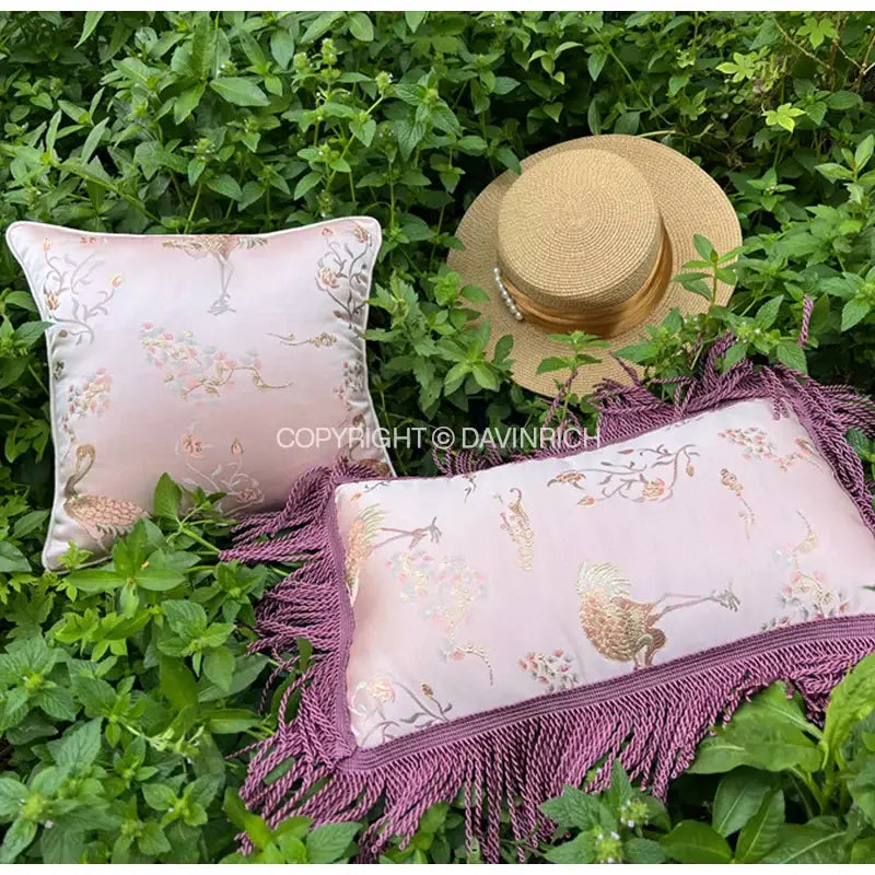 Antique crane floral jacquard pink satin pillow case bedroom decor