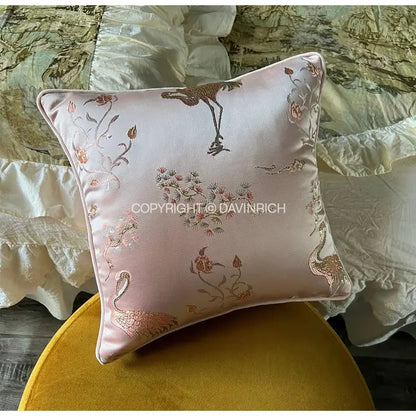 Antique crane floral jacquard pink satin pillow case bedroom decor