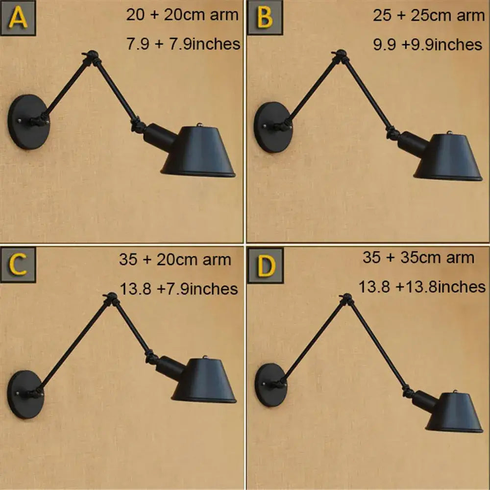 Industrial black wall lights with double swing arms for study room