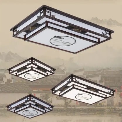 Antique style solid wood chinese landscape ceiling light bedroom