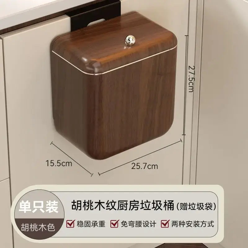 Antique style wood grain hanging kitchen trash can with metallic trim