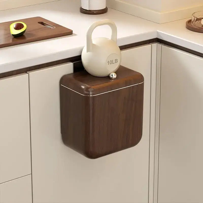 Antique style wood grain hanging kitchen trash can with metallic trim