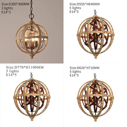 Antique wood globe chandelier for dining room pendant light