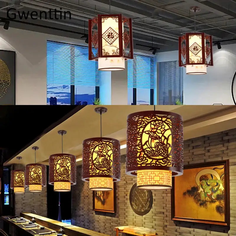 Antique wood pendant lights traditional chinese lantern dining room