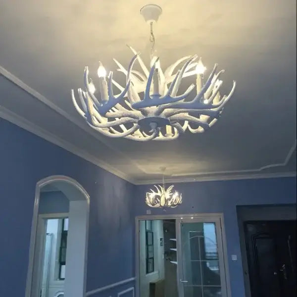 Retro natural wood resin antler chandelier dining room light