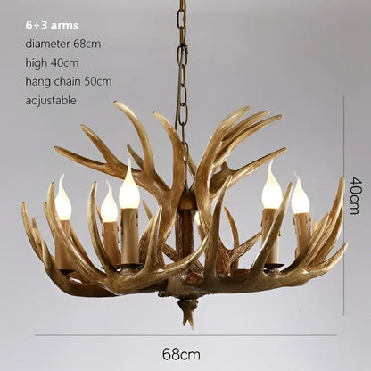 Retro natural wood resin antler chandelier dining room light
