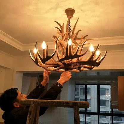 Retro natural wood resin antler chandelier dining room light