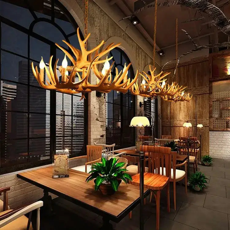 Retro natural wood resin antler chandelier dining room light