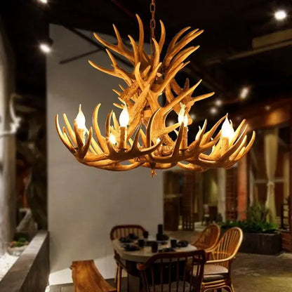 Retro natural wood resin antler chandelier dining room light