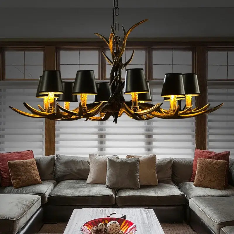 antler chandelier with black shades living room light