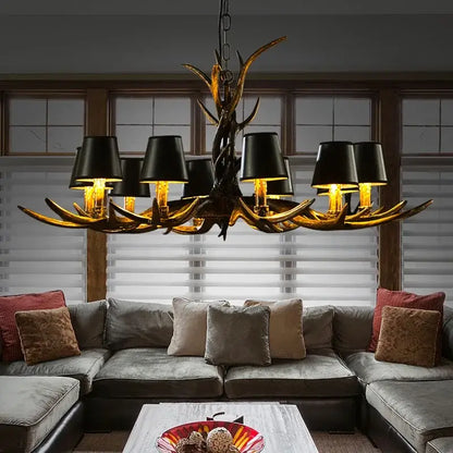 antler chandelier with black shades living room light
