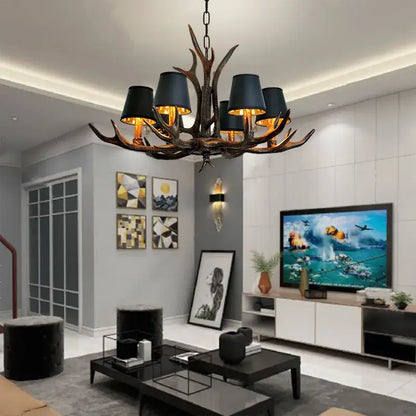 antler chandelier with black shades living room light