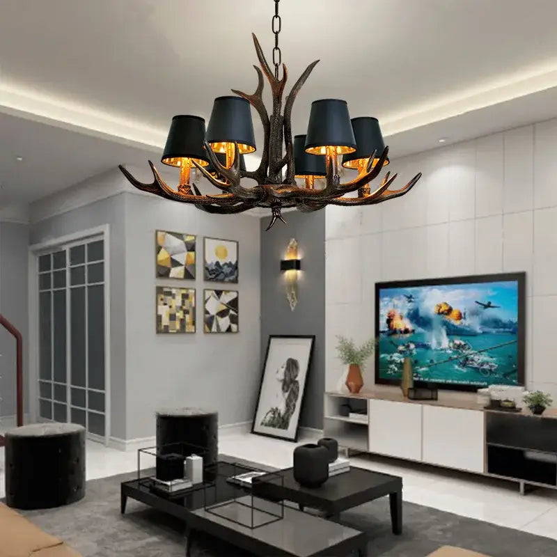 antler chandelier with black shades living room light
