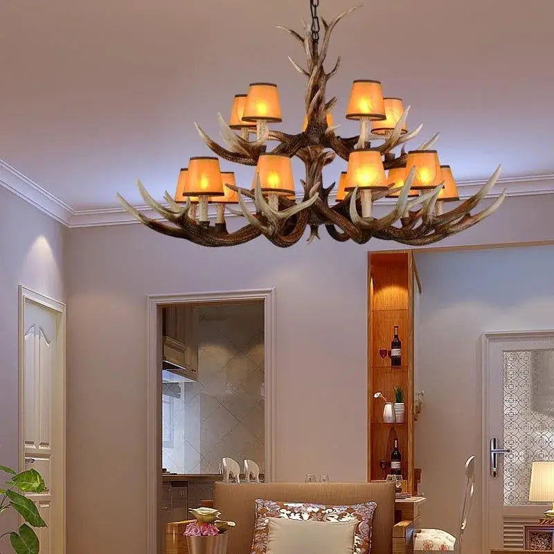 antler chandelier with black shades living room light