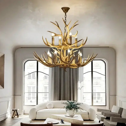 Rustic golden antler deer chandelier living room candle light